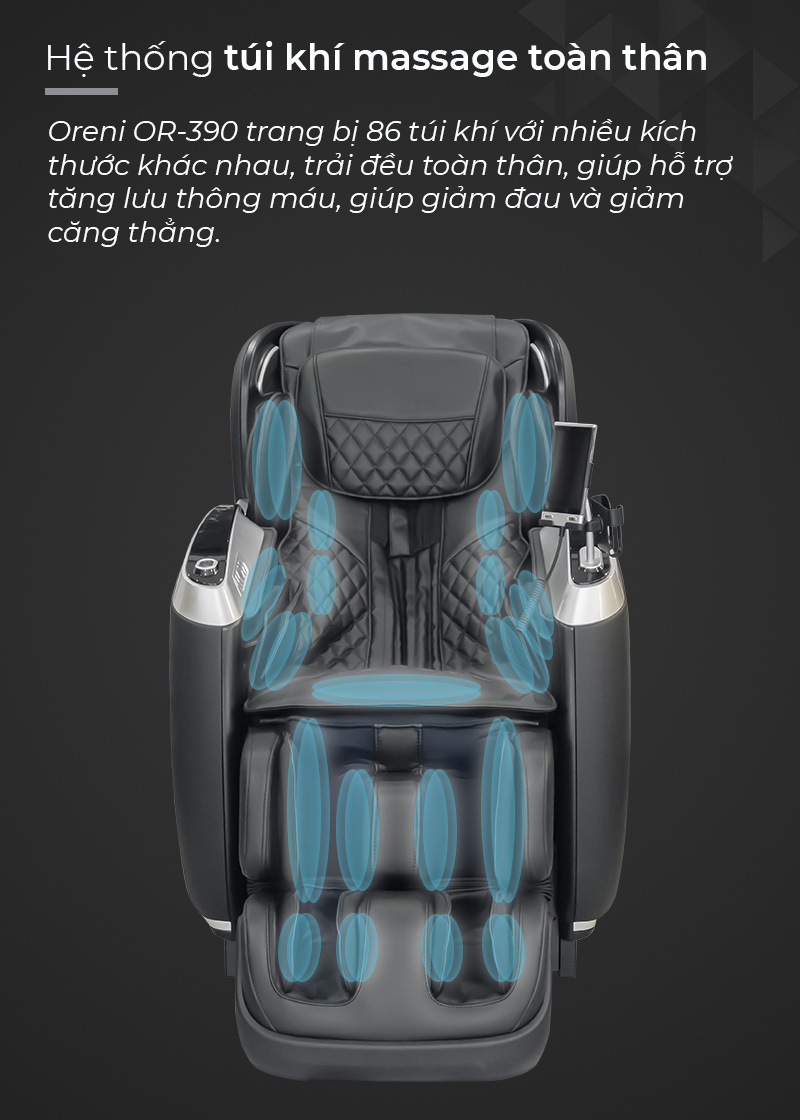 Hệ thống túi khí massage trải đều toàn bộ thân ghế